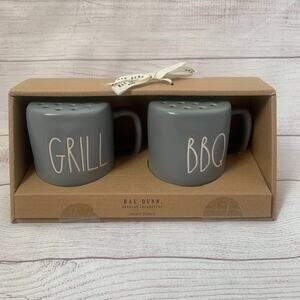 Rae Dunn Gray BBQ and GRILL Shaker Set Barbeque Salt Pepper Seasoning 4"H